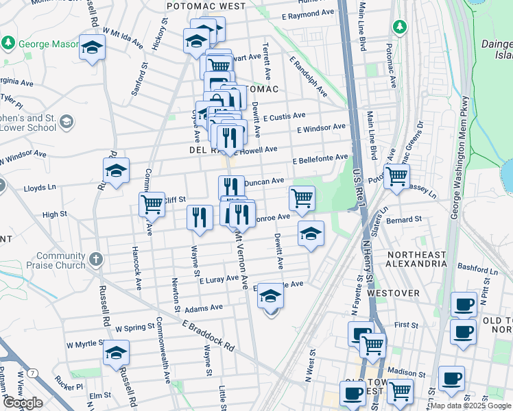 map of restaurants, bars, coffee shops, grocery stores, and more near 327 East Mason Avenue in Alexandria
