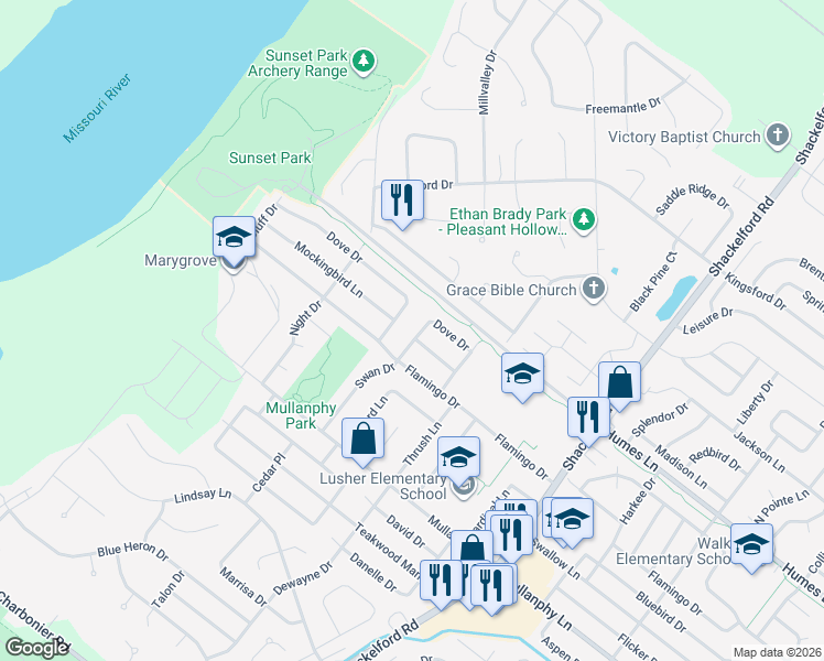 map of restaurants, bars, coffee shops, grocery stores, and more near 2430 Dove Drive in Florissant