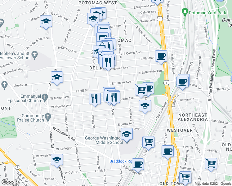 map of restaurants, bars, coffee shops, grocery stores, and more near 309 East Mason Avenue in Alexandria