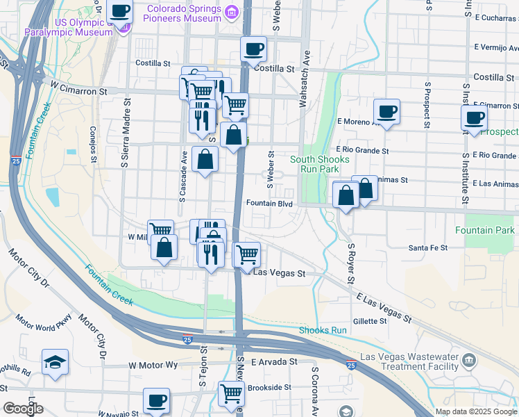 map of restaurants, bars, coffee shops, grocery stores, and more near 215 East Fountain Boulevard in Colorado Springs