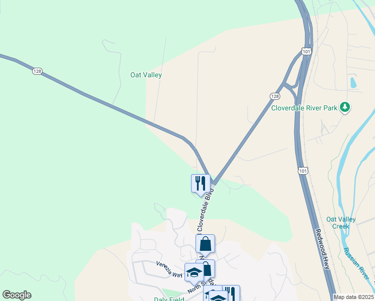 map of restaurants, bars, coffee shops, grocery stores, and more near 31215 California 128 in Cloverdale