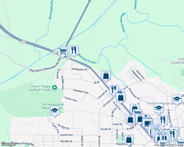 map of restaurants, bars, coffee shops, grocery stores, and more near 1700 North Main Street in Edwardsville