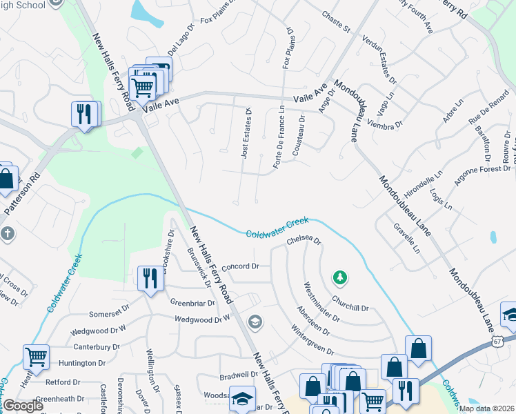 map of restaurants, bars, coffee shops, grocery stores, and more near 4123 Domenique Lane in Florissant