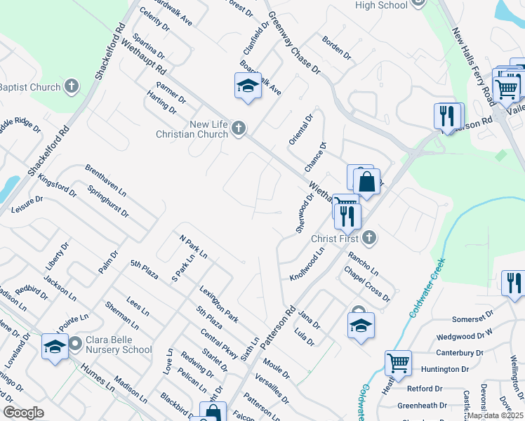 map of restaurants, bars, coffee shops, grocery stores, and more near 883 Dawnview Court in Florissant
