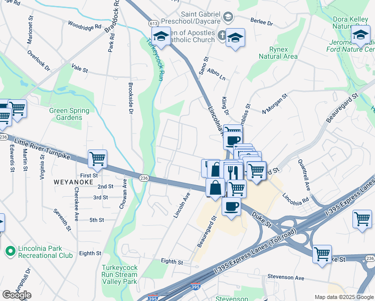 map of restaurants, bars, coffee shops, grocery stores, and more near 4627 Southland Avenue in Lincolnia