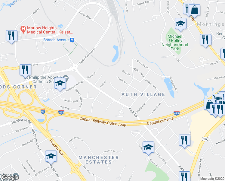 map of restaurants, bars, coffee shops, grocery stores, and more near 5807 Delta Lane in Camp Springs