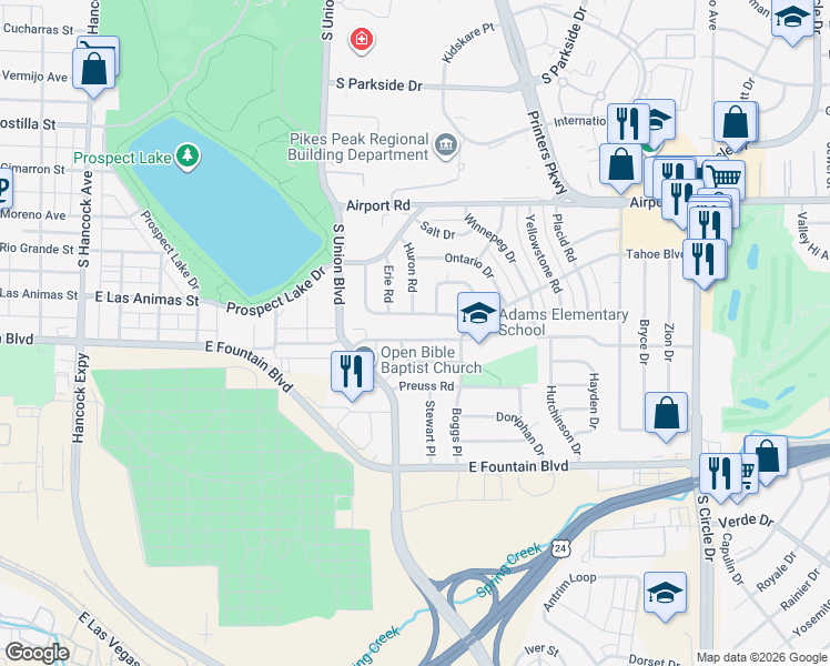 map of restaurants, bars, coffee shops, grocery stores, and more near 1918 Whitman Road in Colorado Springs
