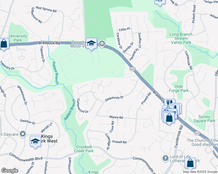map of restaurants, bars, coffee shops, grocery stores, and more near 9707 Banting Drive in Fairfax