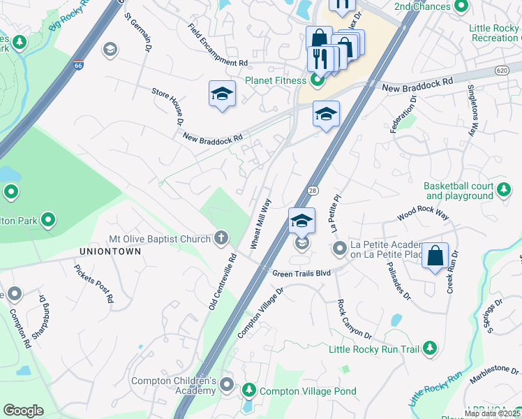 map of restaurants, bars, coffee shops, grocery stores, and more near 6522 Wheat Mill Way in Centreville