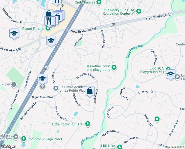 map of restaurants, bars, coffee shops, grocery stores, and more near 14014 Wood Rock Way in Centreville