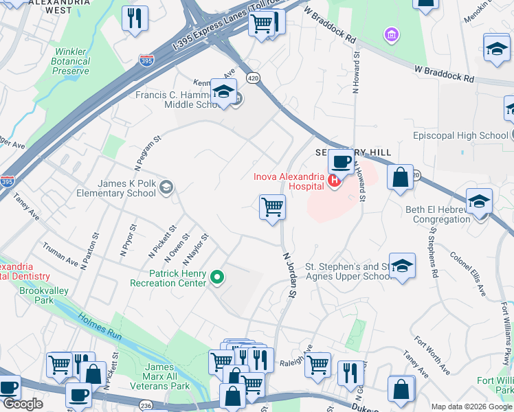 map of restaurants, bars, coffee shops, grocery stores, and more near 4615 Newcomb Place in Alexandria