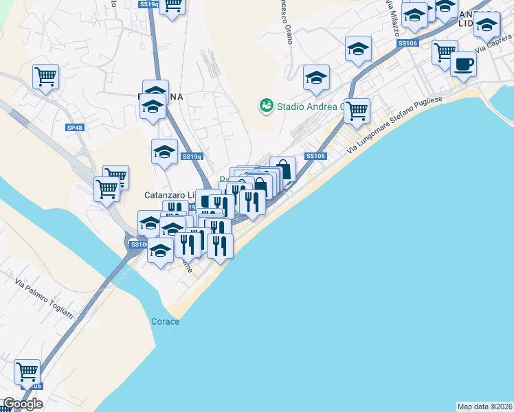 map of restaurants, bars, coffee shops, grocery stores, and more near 5 Largo Murano in Catanzaro