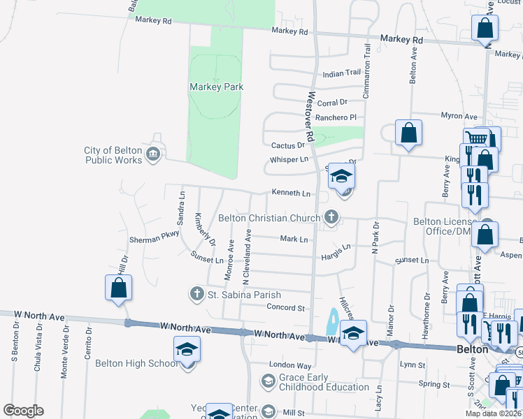 map of restaurants, bars, coffee shops, grocery stores, and more near 405 Myrtle Avenue in Belton