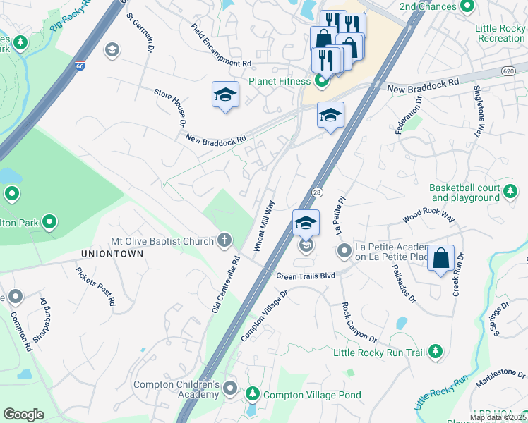 map of restaurants, bars, coffee shops, grocery stores, and more near 6522 Wheat Mill Way in Centreville