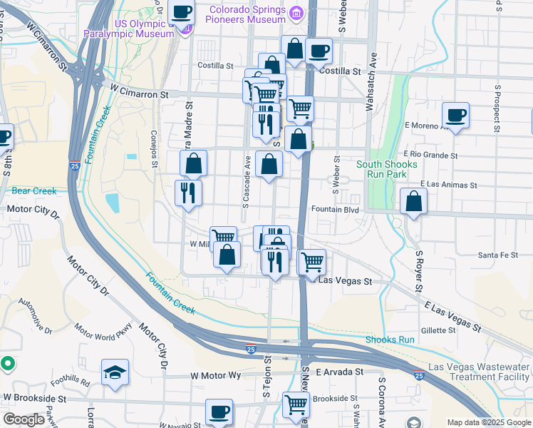 map of restaurants, bars, coffee shops, grocery stores, and more near 904 South Tejon Street in Colorado Springs