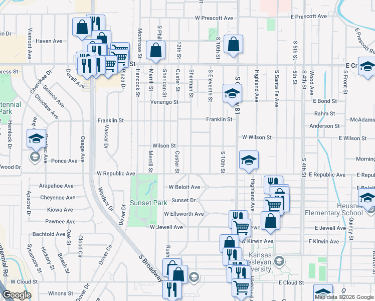 map of restaurants, bars, coffee shops, grocery stores, and more near 904 Sherman Street in Salina