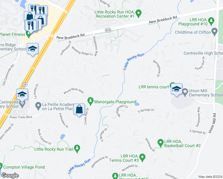 map of restaurants, bars, coffee shops, grocery stores, and more near 13922 Middle Creek Place in Centreville