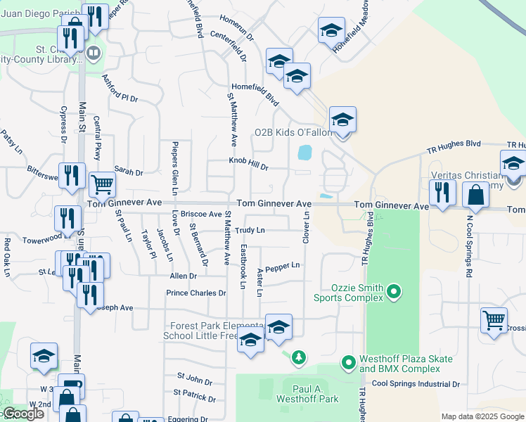 map of restaurants, bars, coffee shops, grocery stores, and more near 707 Blackberry Lane in O'Fallon
