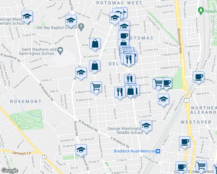 map of restaurants, bars, coffee shops, grocery stores, and more near 100 East Mason Avenue in Alexandria