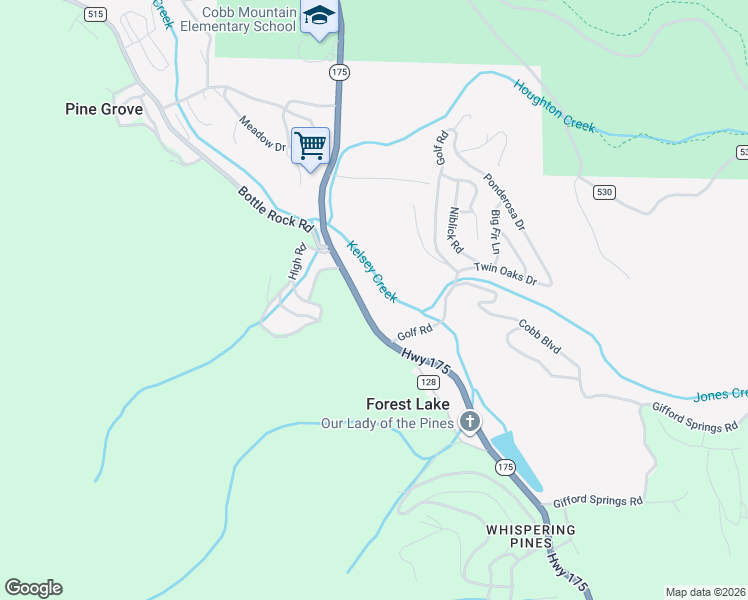 map of restaurants, bars, coffee shops, grocery stores, and more near 16370 Manzanita Court in Cobb