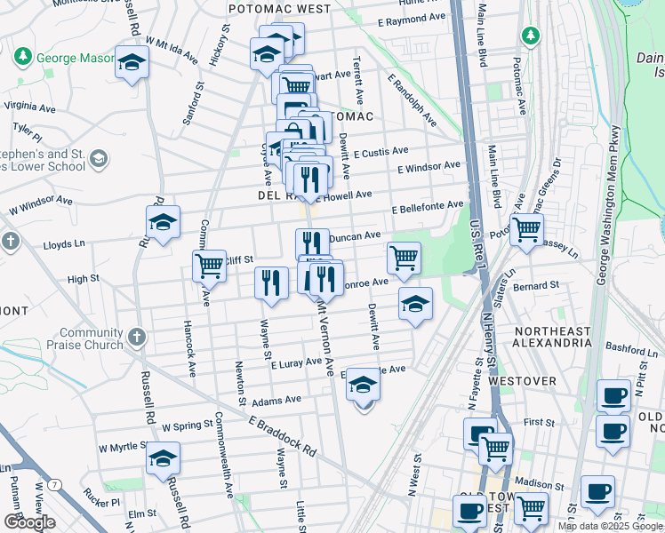 map of restaurants, bars, coffee shops, grocery stores, and more near 309 East Mason Avenue in Alexandria