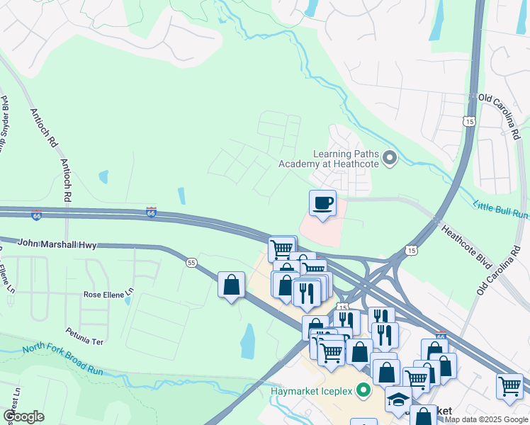 map of restaurants, bars, coffee shops, grocery stores, and more near 5840 Moonstone Way in Haymarket