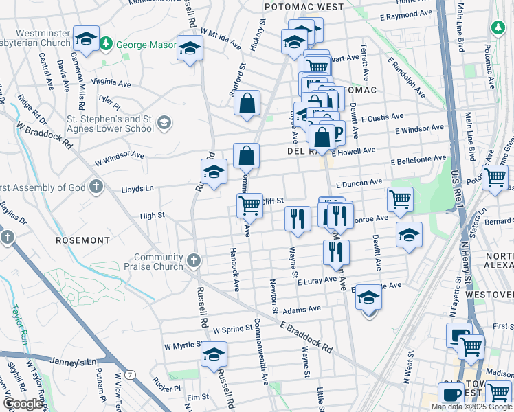 map of restaurants, bars, coffee shops, grocery stores, and more near 13 East Cliff Street in Alexandria