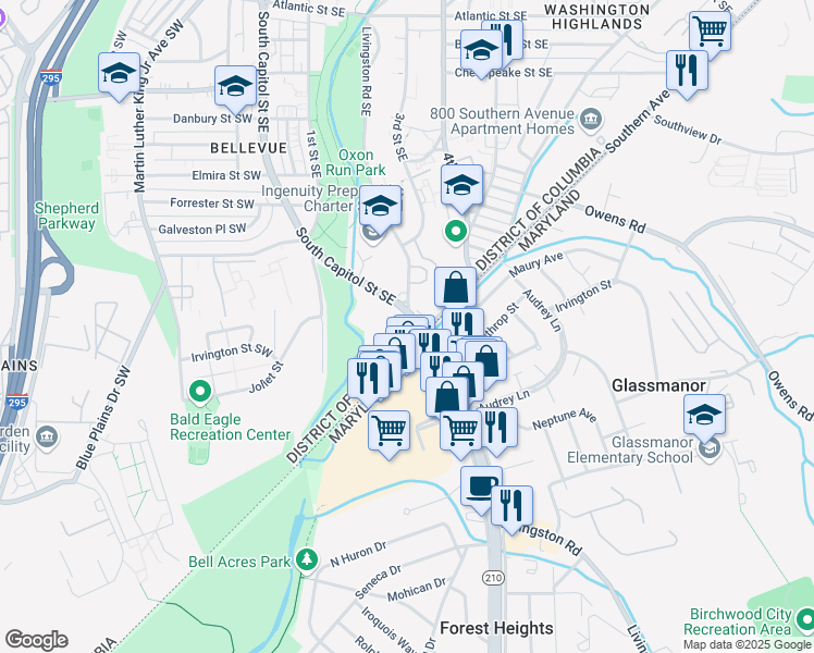 map of restaurants, bars, coffee shops, grocery stores, and more near 4665 South Capitol Street Southwest in Washington