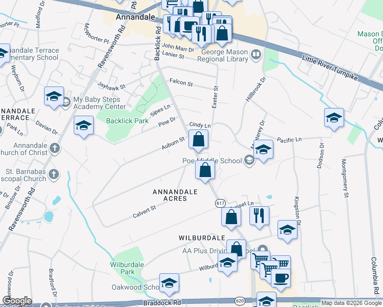 map of restaurants, bars, coffee shops, grocery stores, and more near 4712 Backlick Road in Annandale
