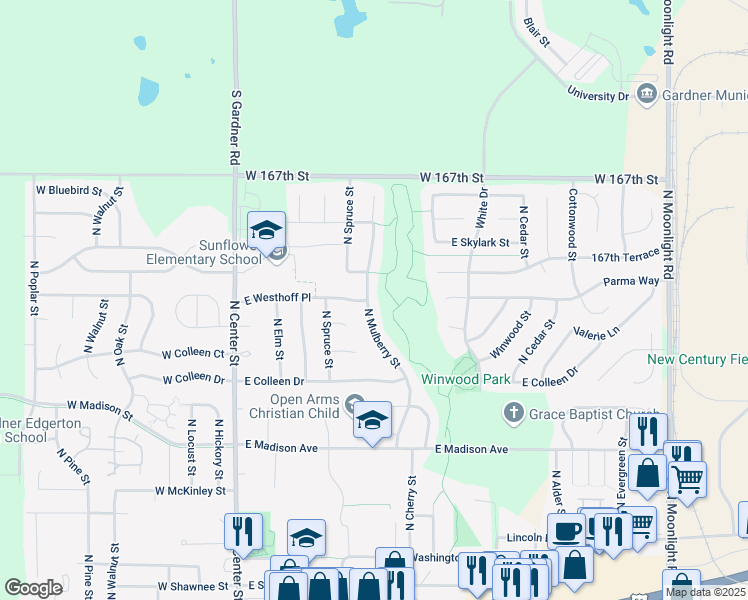 map of restaurants, bars, coffee shops, grocery stores, and more near 629 North Mulberry Street in Gardner