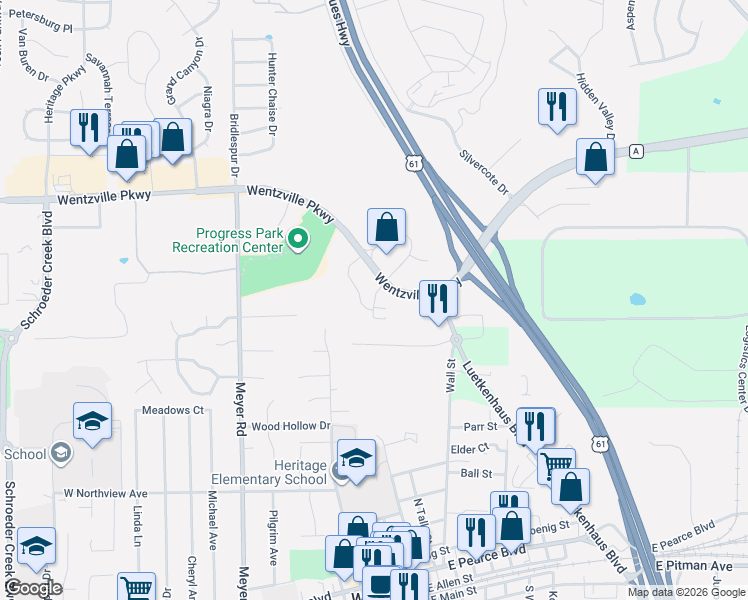 map of restaurants, bars, coffee shops, grocery stores, and more near Parkway Ridge Boulevard in Wentzville