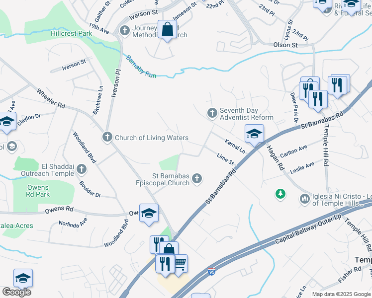 map of restaurants, bars, coffee shops, grocery stores, and more near 4908 Abbott Drive in Temple Hills