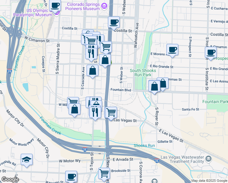 map of restaurants, bars, coffee shops, grocery stores, and more near 215 East Fountain Boulevard in Colorado Springs