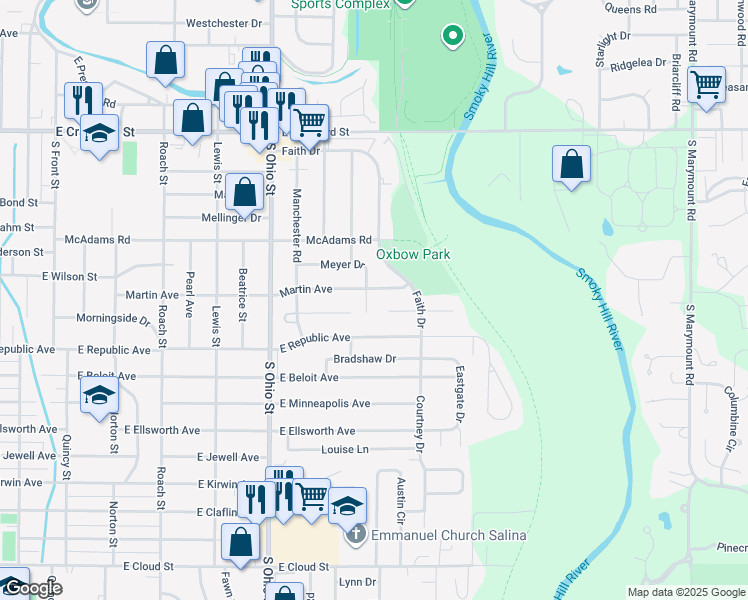 map of restaurants, bars, coffee shops, grocery stores, and more near 1405 Meyer Drive in Salina