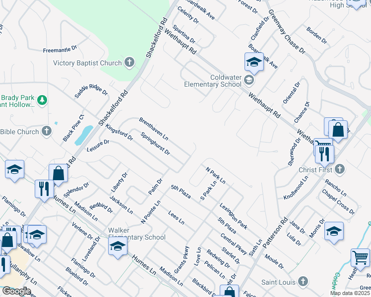 map of restaurants, bars, coffee shops, grocery stores, and more near 1249 Brenthaven Lane in Florissant