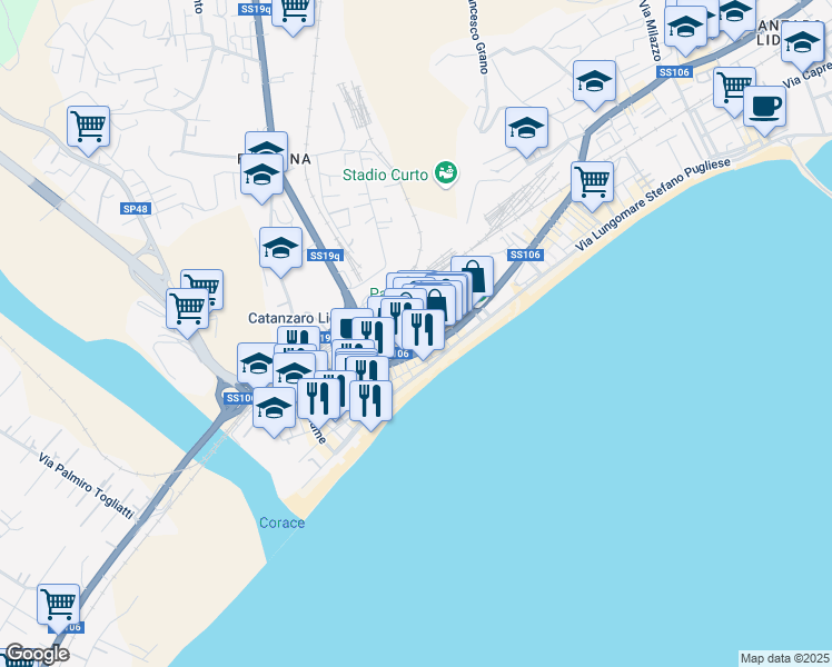 map of restaurants, bars, coffee shops, grocery stores, and more near 50 Via del Commercio in Catanzaro