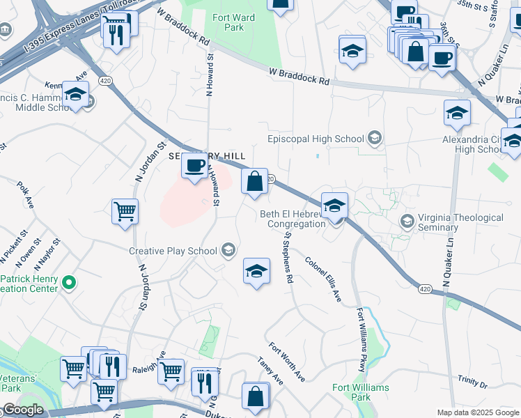 map of restaurants, bars, coffee shops, grocery stores, and more near 4111 Orleans Place in Alexandria