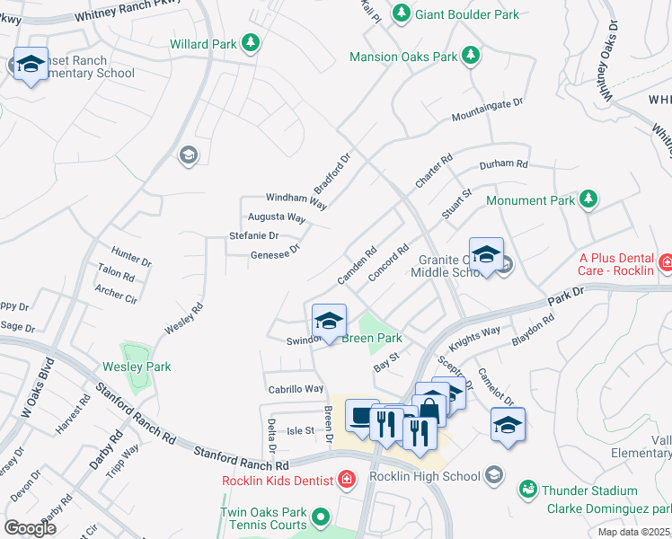 map of restaurants, bars, coffee shops, grocery stores, and more near 5107 Charter Court in Rocklin