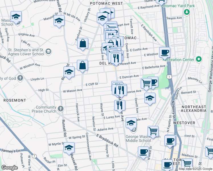 map of restaurants, bars, coffee shops, grocery stores, and more near 212 East Mason Avenue in Alexandria