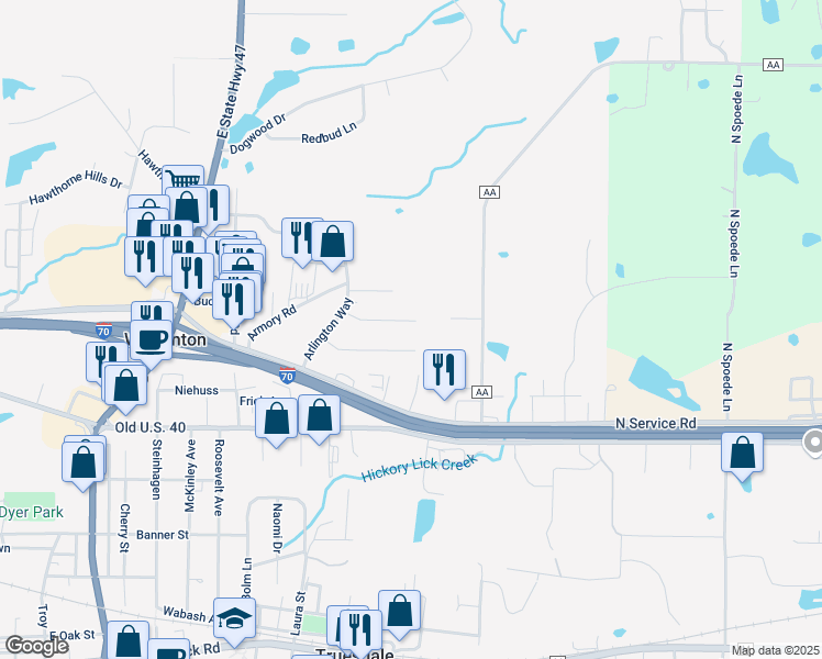 map of restaurants, bars, coffee shops, grocery stores, and more near 318 Bedford Drive in Warrenton
