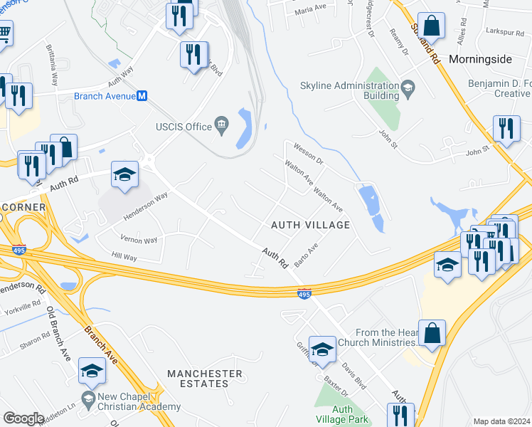 map of restaurants, bars, coffee shops, grocery stores, and more near 4913 Dublin Drive in Camp Springs