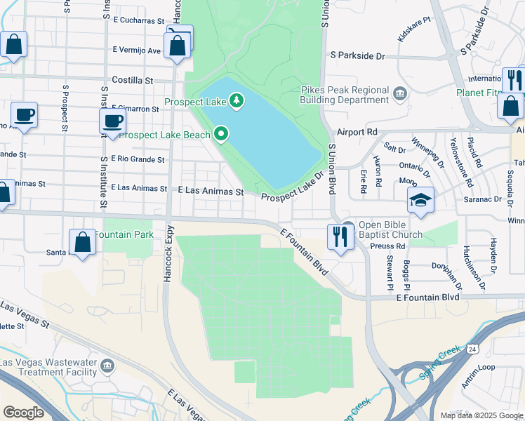 map of restaurants, bars, coffee shops, grocery stores, and more near 1430 E Fountain Blvd in Colorado Springs