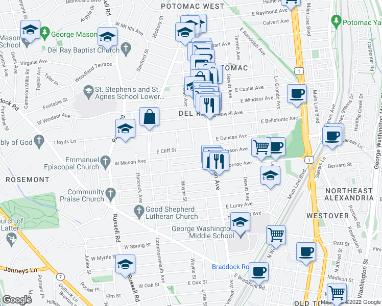 map of restaurants, bars, coffee shops, grocery stores, and more near 210 East Mason Avenue in Alexandria