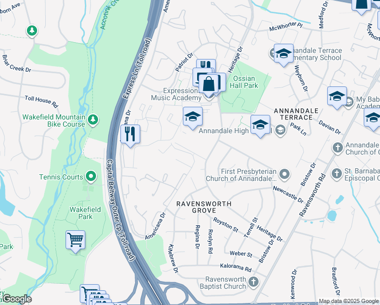 map of restaurants, bars, coffee shops, grocery stores, and more near 204 Americana Drive in Annandale