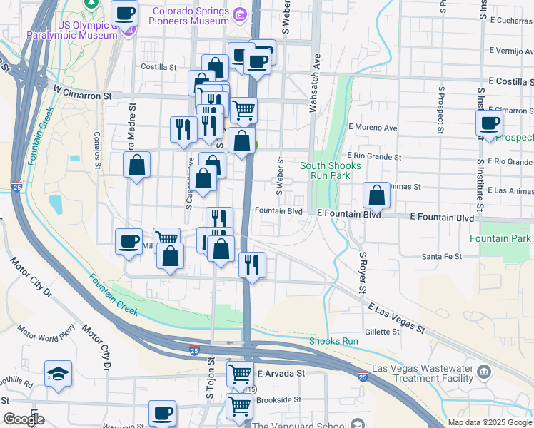 map of restaurants, bars, coffee shops, grocery stores, and more near 215 East Fountain Boulevard in Colorado Springs