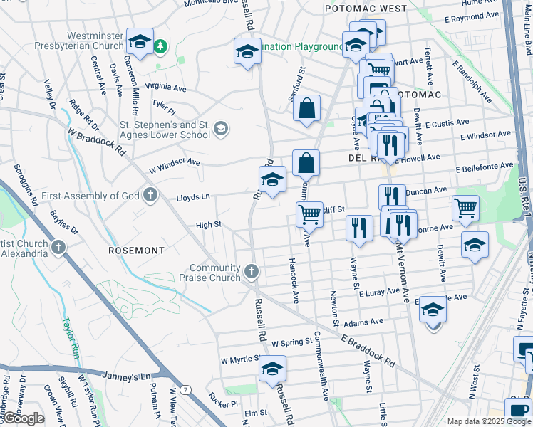 map of restaurants, bars, coffee shops, grocery stores, and more near 112 Bellaire Road in Alexandria