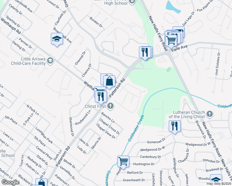 map of restaurants, bars, coffee shops, grocery stores, and more near 2905 Willow Creek Estates Drive in Florissant