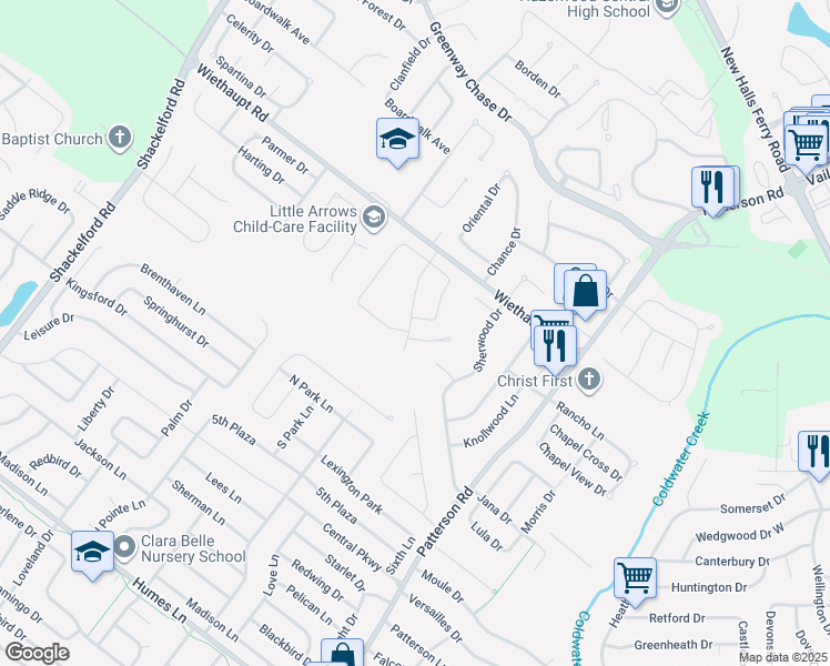 map of restaurants, bars, coffee shops, grocery stores, and more near 883 Dawnview Court in Florissant