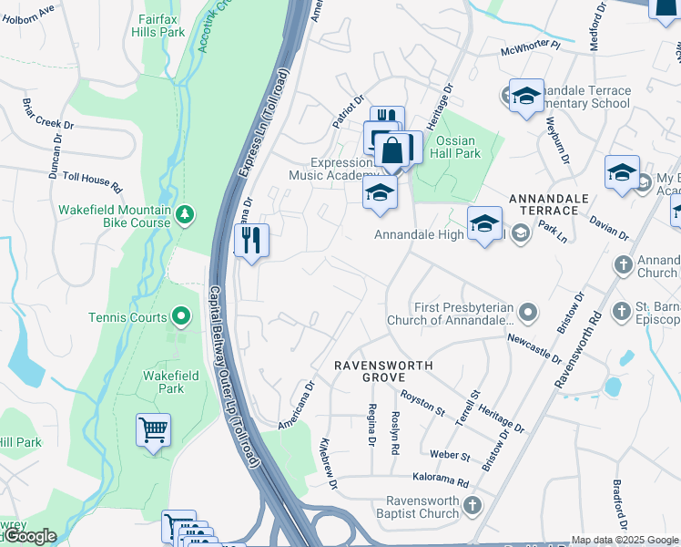 map of restaurants, bars, coffee shops, grocery stores, and more near 5037 Americana Drive in Annandale