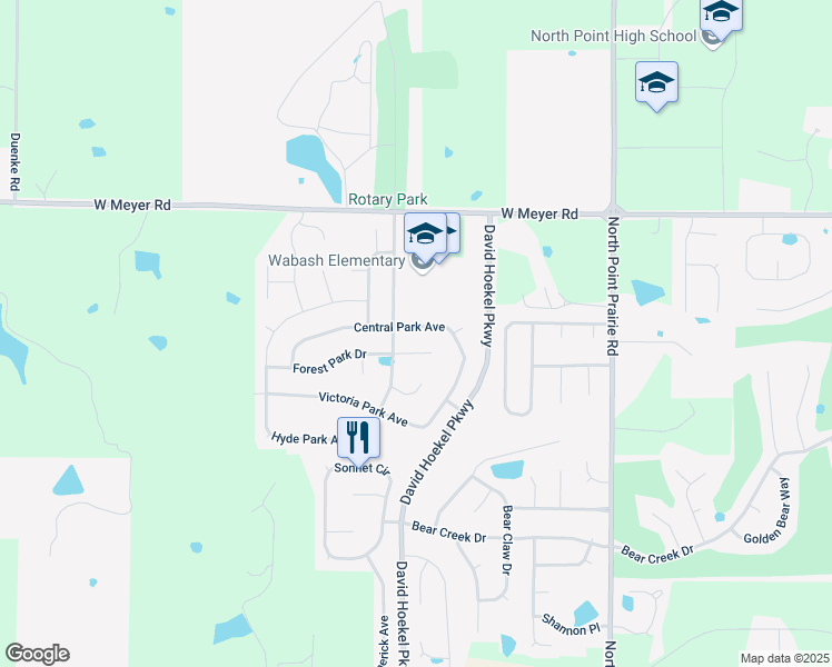 map of restaurants, bars, coffee shops, grocery stores, and more near 134 Central Park Avenue in Wentzville